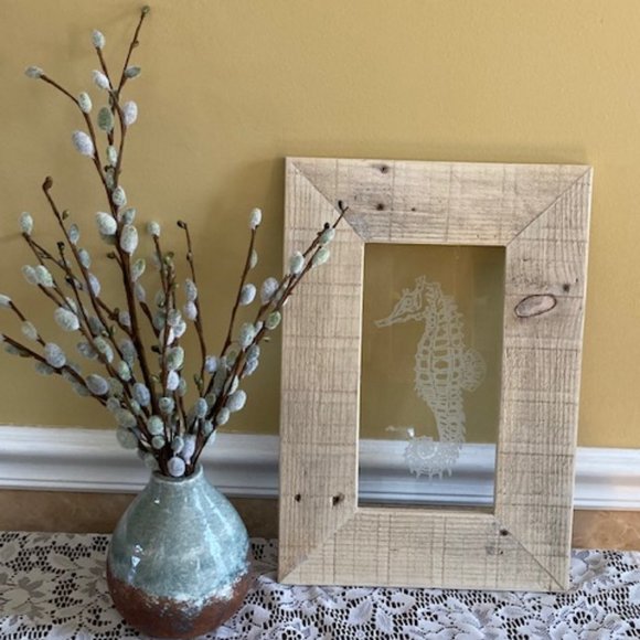 Seahorse Handmade Etched Glass & Wood Frame Art - Industrial / Farmhouse style - Picture 4 of 5